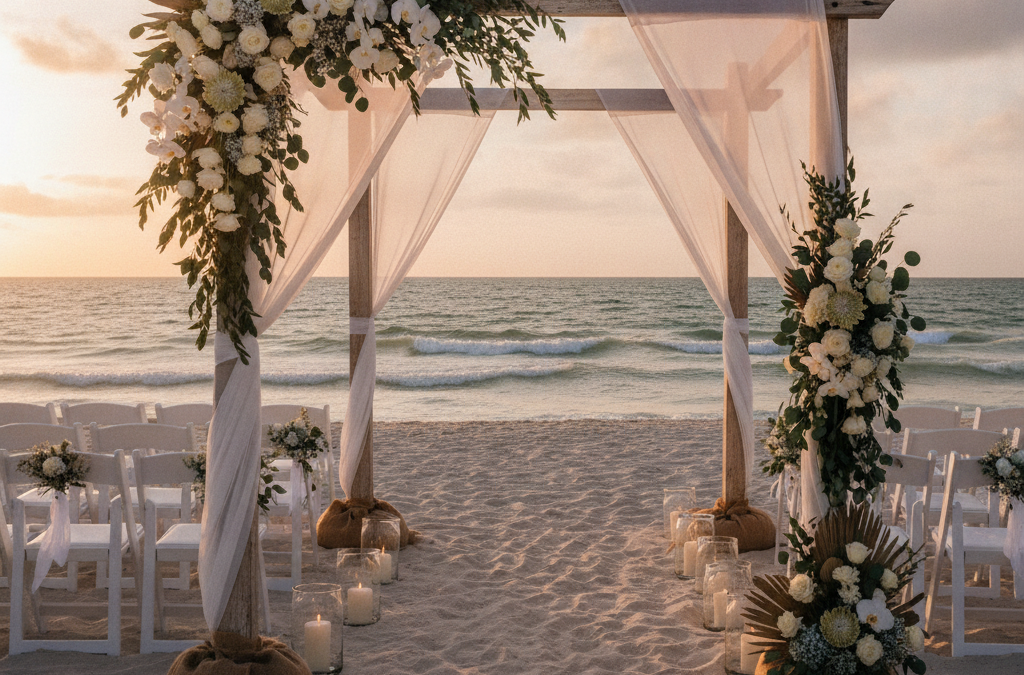 How Do You Design Florals for a Pompano Beach or Hollywood Wedding Ceremony on the Beach That Holds Up When the Wind Picks Up?